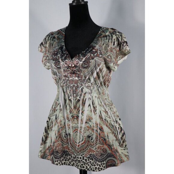 Apt. 9 Petite PM Boho Paisley Lace Back Blouse with Beaded V-Neckline‎ & Elastic - Picture 1 of 12